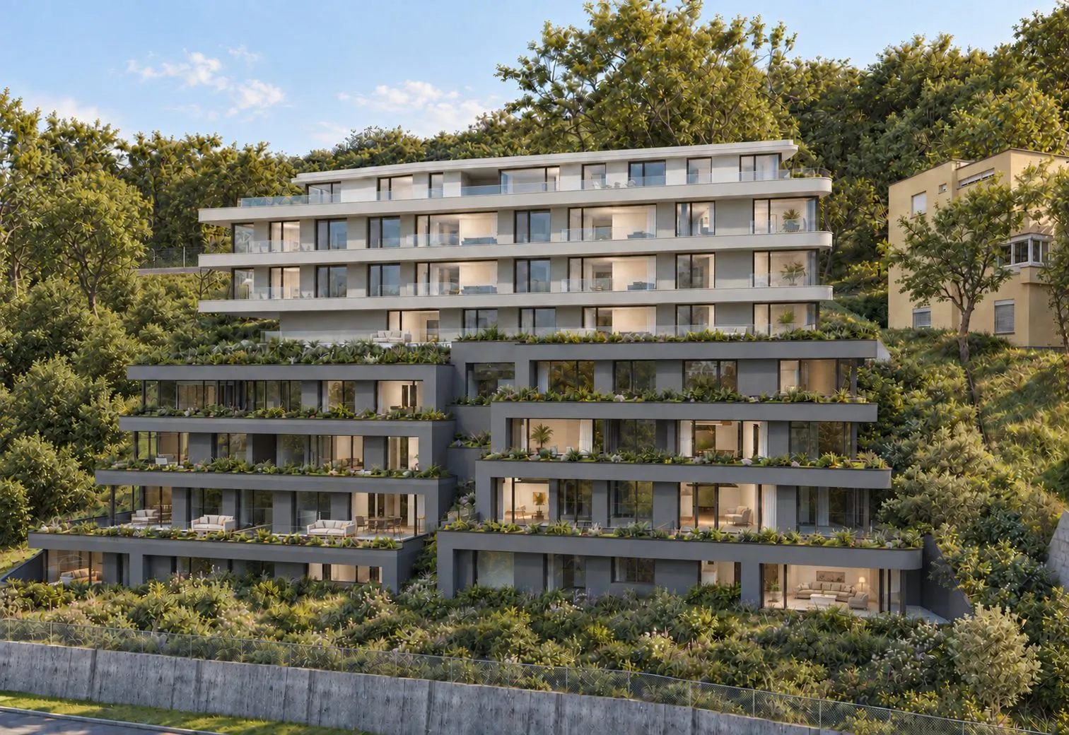 Visualisierung: terrassierter Neubau am begrünten Hang