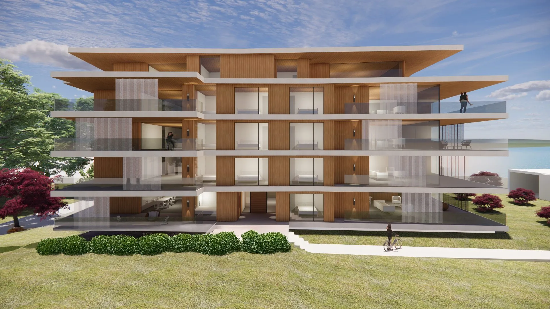 Visualisierung: Wohnhaus mit auskragenden Geschossplatten und Holzfassade