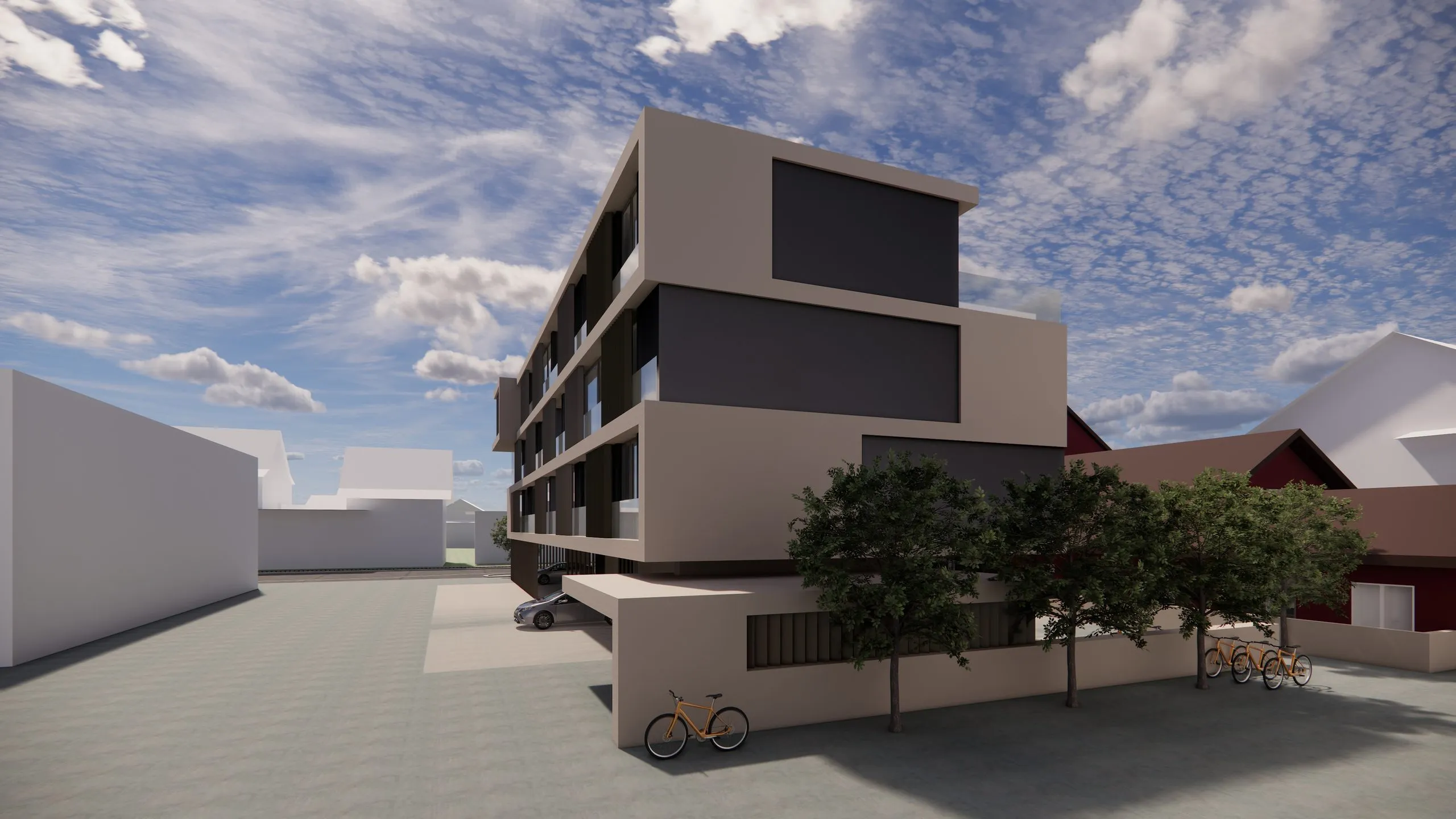 Visualisierung: Neubau mit Hofbereich und Veloabstellplätzen