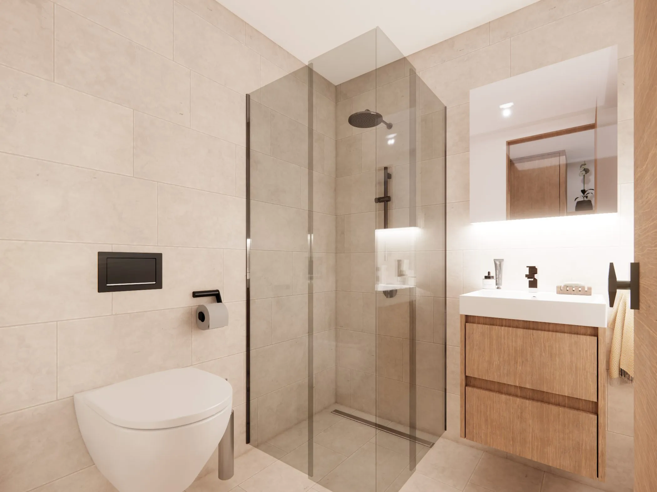 Visualisierung: Badezimmer mit Dusche und Waschtisch in Holz