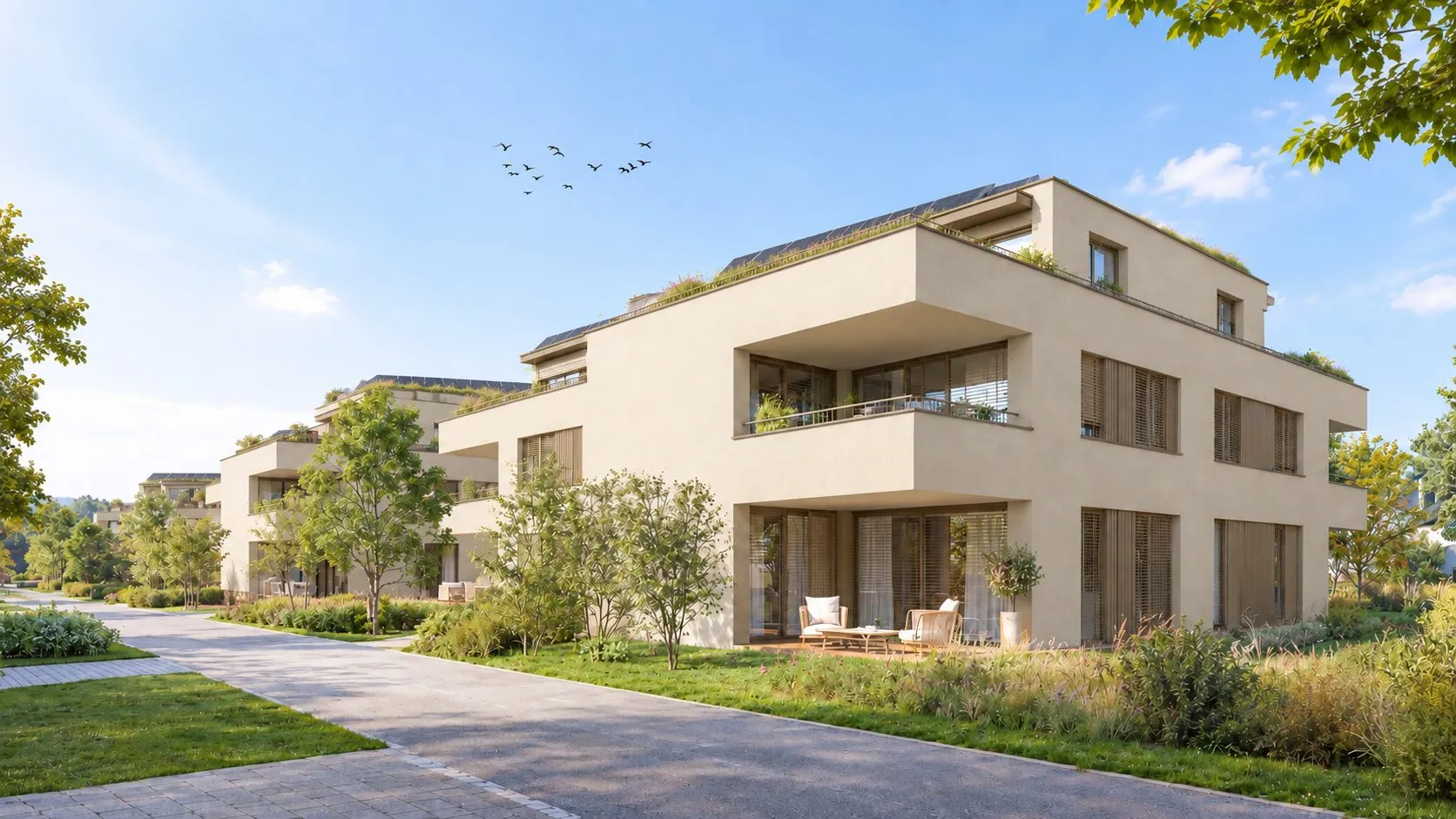 Visualisierung: Neubau mit Gartensitzplätzen und begrünter Umgebung