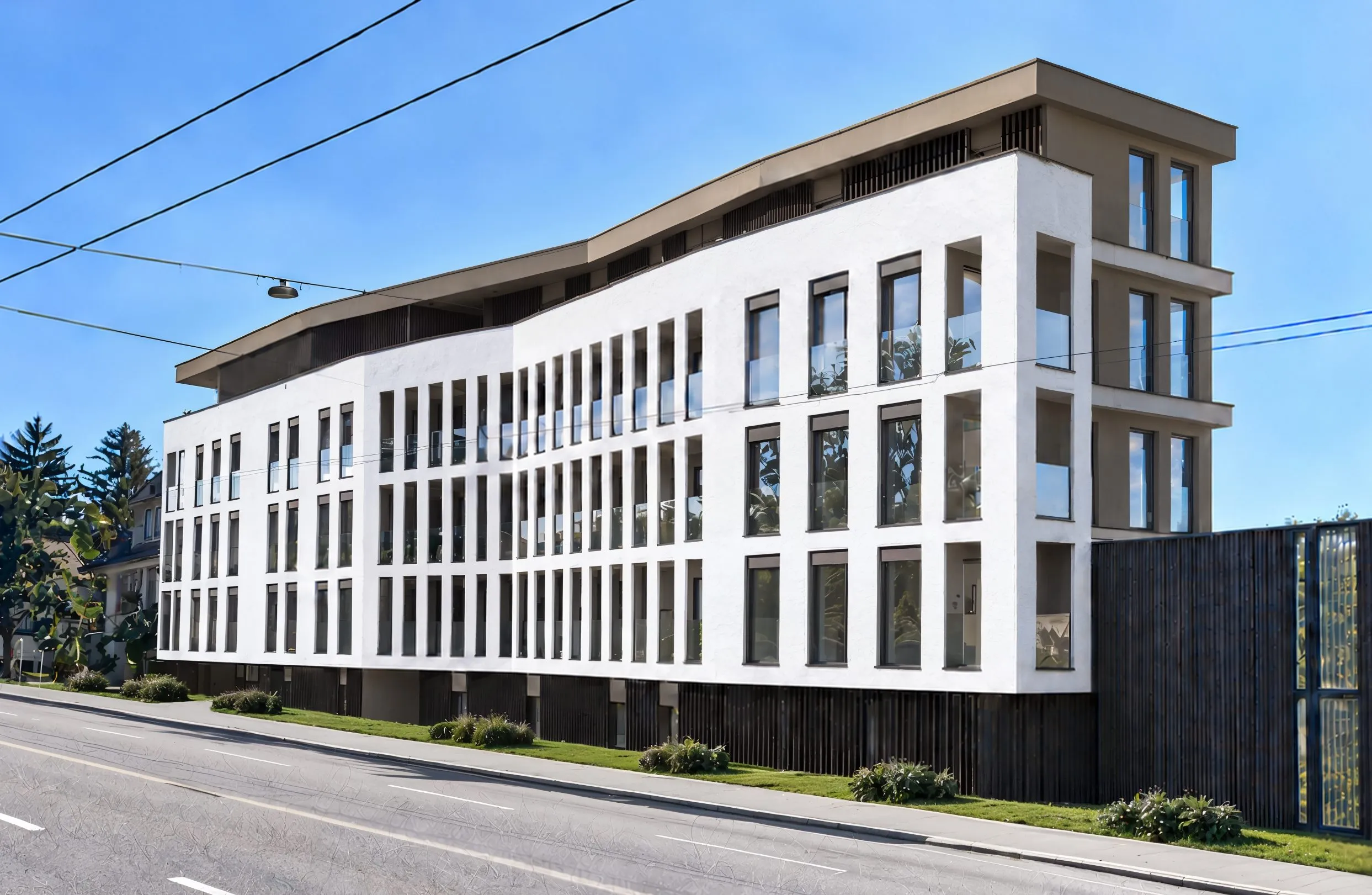 Visualisierung: Neubau mit heller, regelmässig gegliederter Fassade und zurückversetztem Attikageschoss