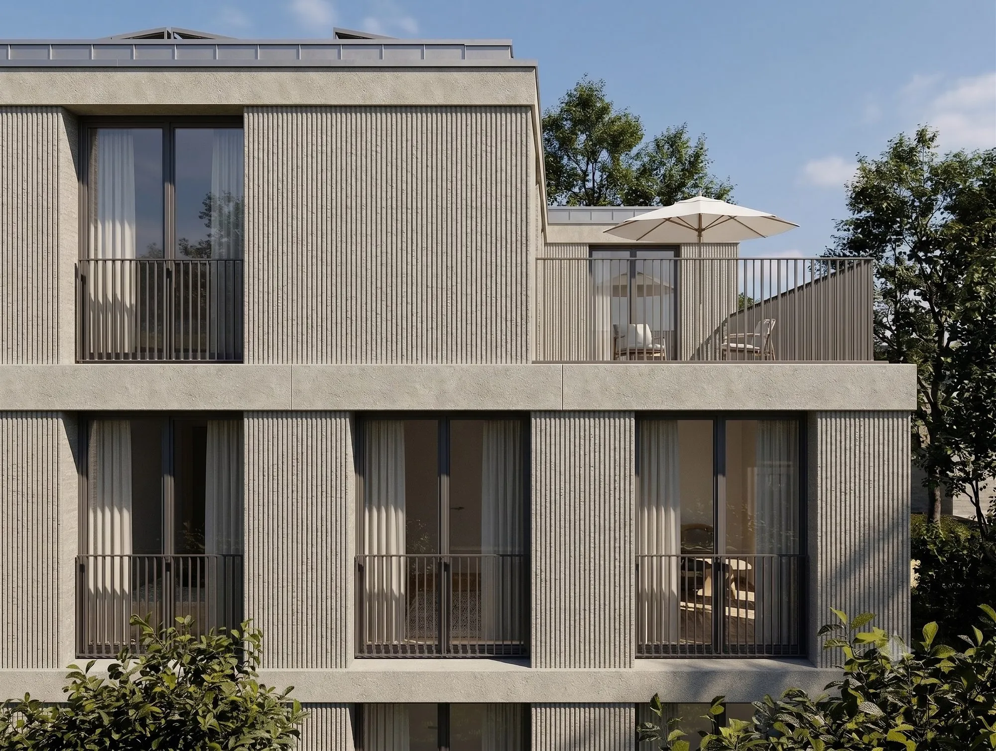 Visualisierung: Fassadendetail mit vertikal gerilltem Putz und Dachterrasse