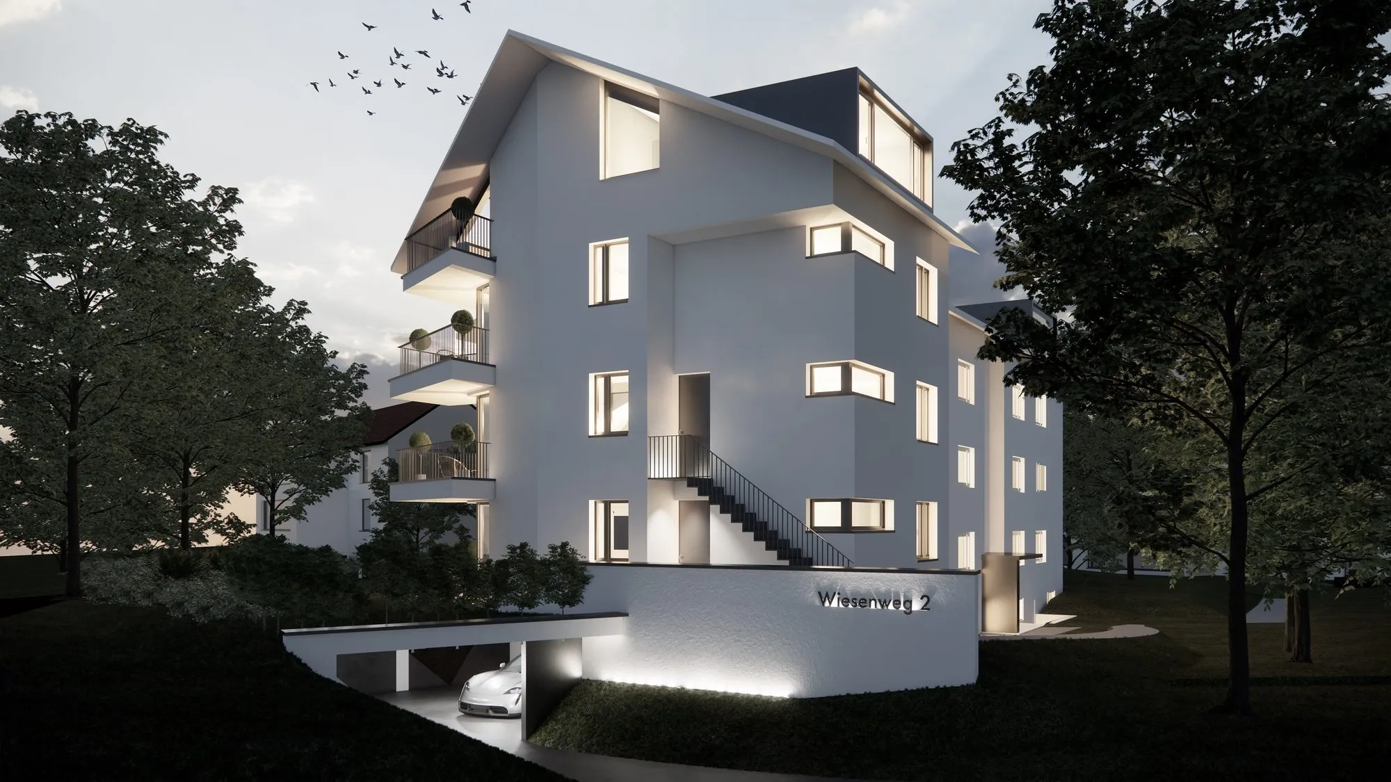 Visualisierung: Eckansicht mit Aussentreppe und Tiefgaragenzufahrt
