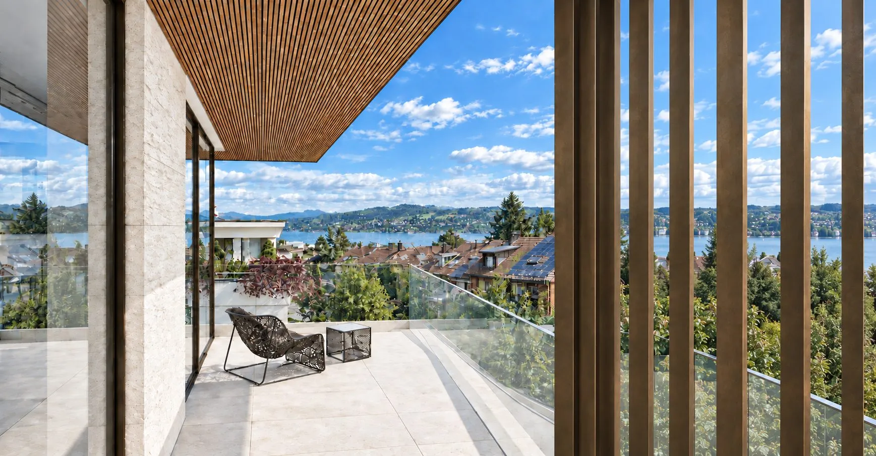 Visualisierung: Loggia mit Holzlamellen und Blick auf den Zürichsee