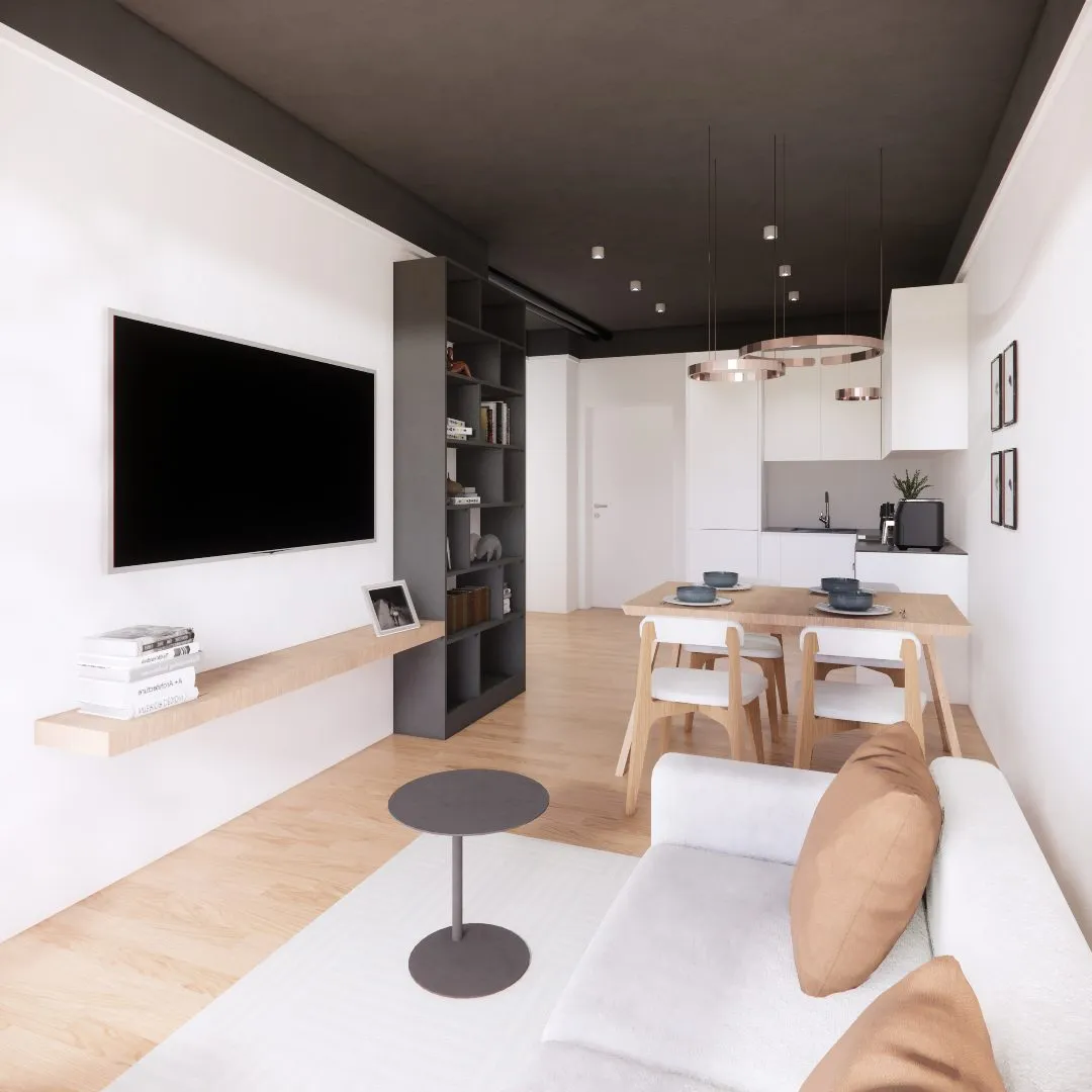 Visualisierung: Wohnbereich mit dunkler Decke, Holzmöbeln und Essplatz