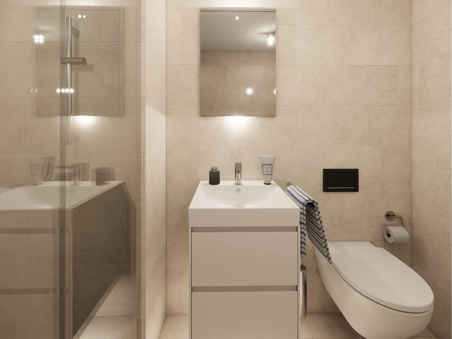 Visualisierung: Badezimmer mit Dusche und grossformatigen Platten