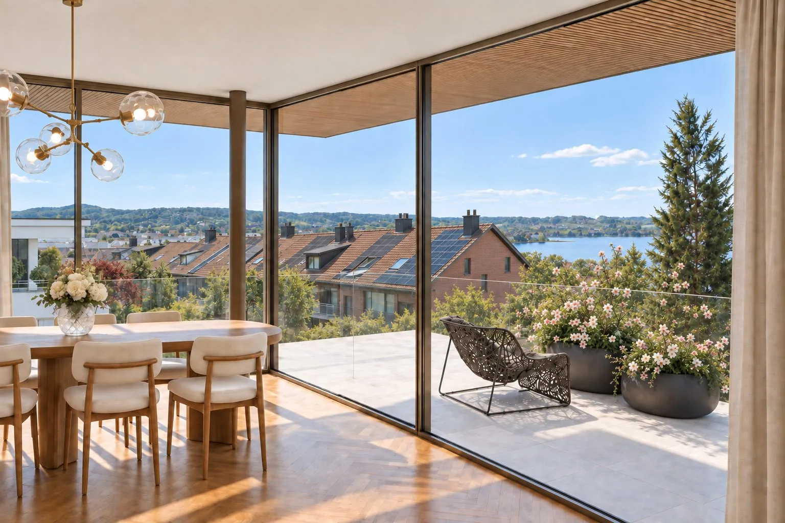 Visualisierung: Essbereich mit Glasfront zur Terrasse und Seesicht
