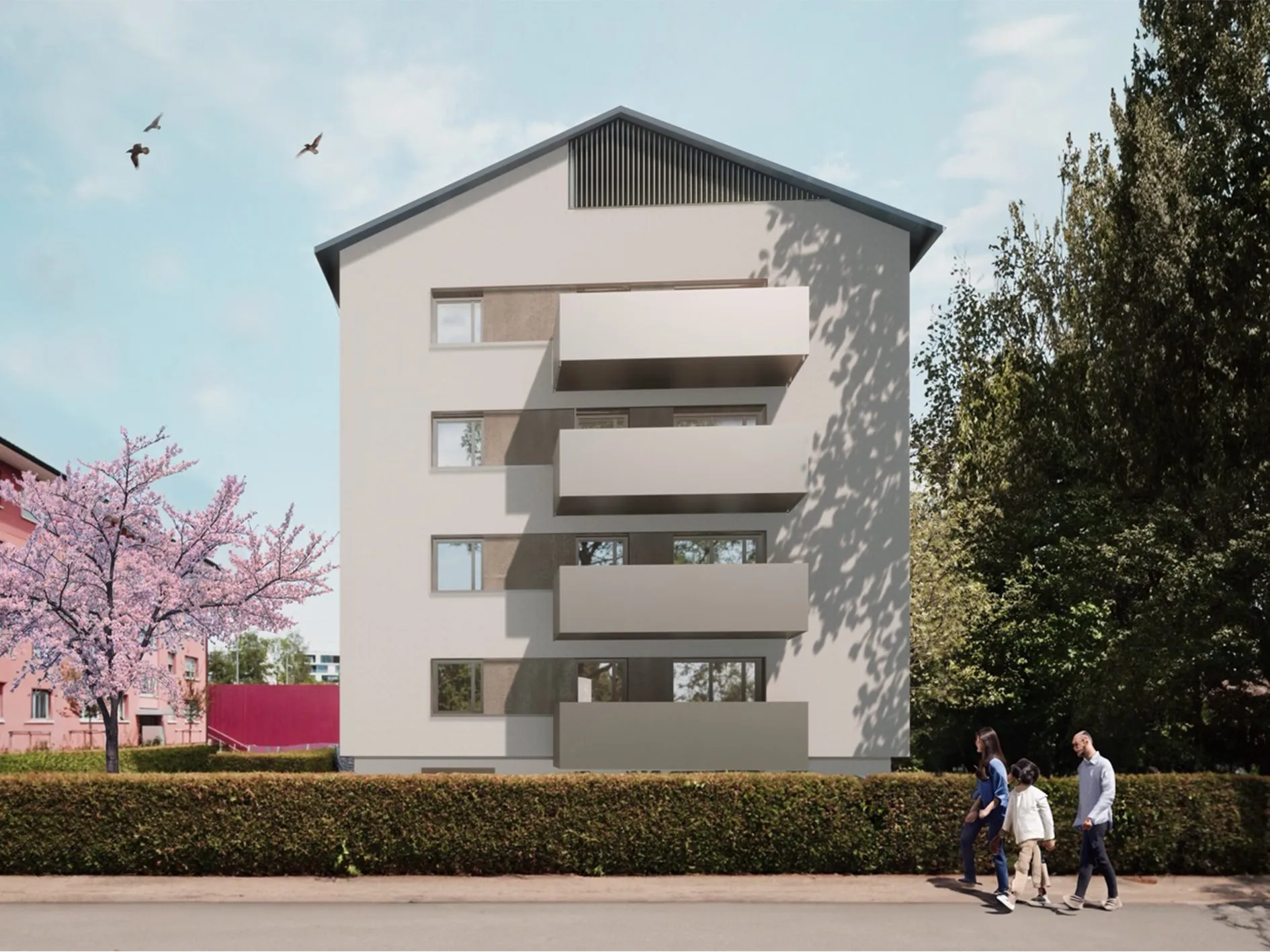 Visualisierung: Aussenansicht des Mehrfamilienhauses mit hellen Balkonen