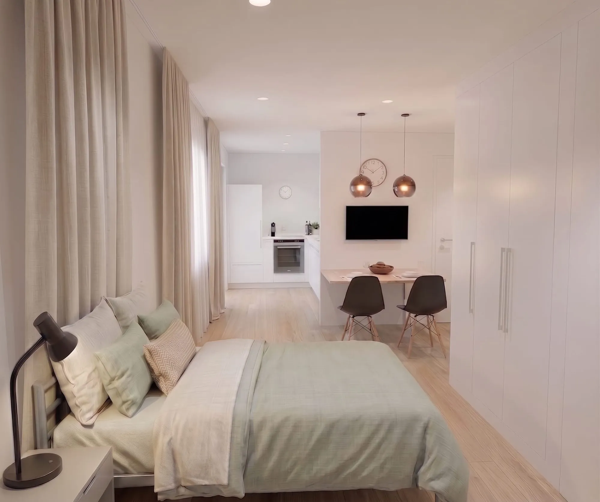 Visualisierung: möbliertes Studio mit Bett, Einbauschränken und Essplatz