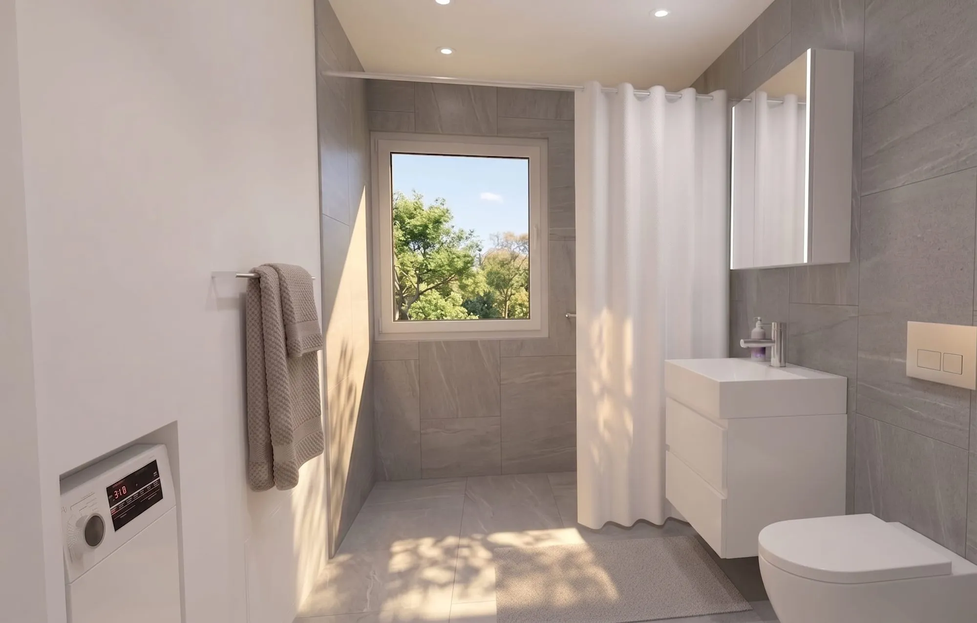 Visualisierung: Bad mit bodenebener Dusche und Waschmaschine